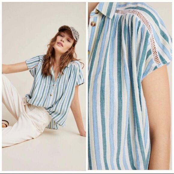 Pilcro by Anthropologie Blue and Green Short Sleeve Blouse Size Small NWT - Picture 1 of 7